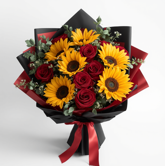 Roses and Sunflowers Wrapped Bouquet