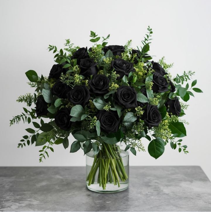 Gothic Love - Black Rose Bouquet Paired with Chocolate