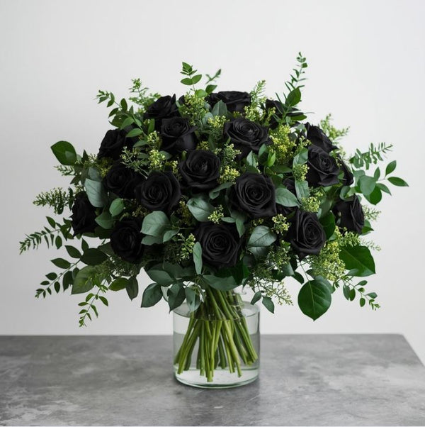 Gothic Love - Black Rose Bouquet Paired with Chocolate