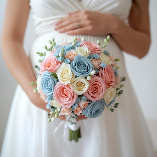 Baby shower flowers pink blue and neutral bouquet for new baby celebration
