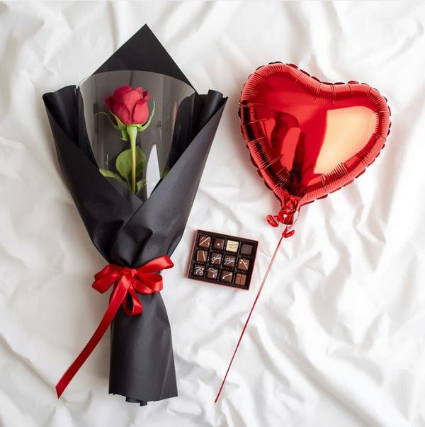 Sweetheart Sampler - Single Rose, Heart Balloon, and Chocolate