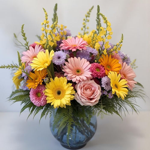 Thinking of you flowers with yellow pink and purple blooms cheerful bouquet