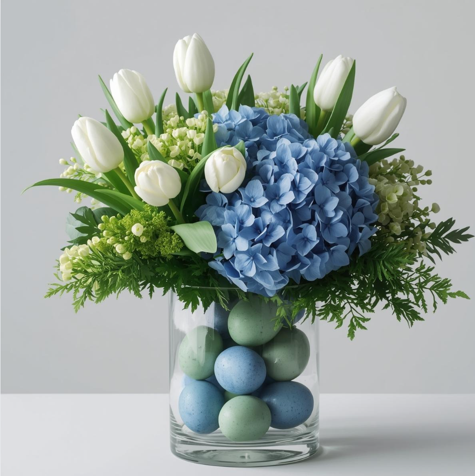 Easter Elegance - Springtime Tulip and Hydrangea Arrangement with Easter Eggs