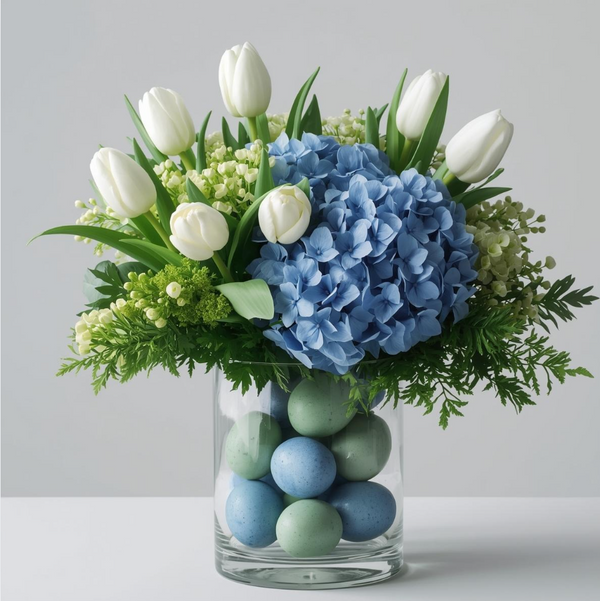 Easter Elegance - Springtime Tulip and Hydrangea Arrangement with Easter Eggs